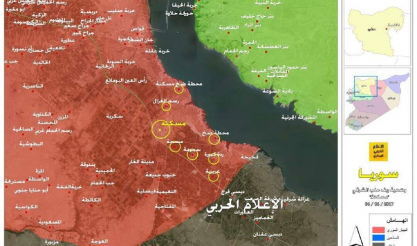 خريطة تظهر وضعية ريف حلب الشرقي بعد سيطرة الجيش السوري والحلفاء على ناحية مسكنة