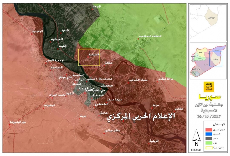 خريطة لسيطرة الجيش على بلدة الحسينية شمال دير الزور