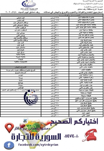 نشرة أسعار الخضار والفواكه والبيض والفروج واللحوم في صالات فرع ريف دمشق