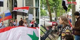 وقفة احتجاجية أمام السفارة الأمريكية في بروكسل رفضاً للعقوبات الغربية والأمريكية ضد سورية   