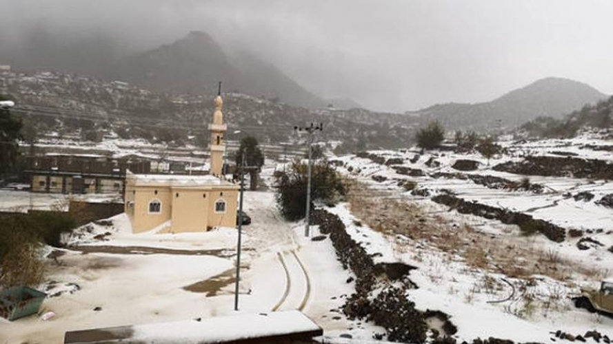 فيديو لتساقط الثلوج على منطقة بللسمر في السعودية بحدث غير مسبوق