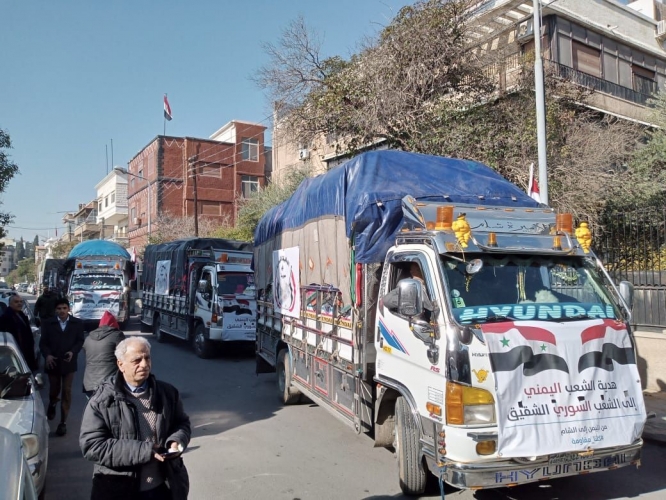 قافلة مساعدات تنطلق من السفارة اليمنية بدمشق إلى اللاذقية